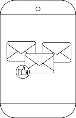 Üç e- posta simgesini gösteren bir telefon. Bir tanesinin üzerinde başparmak işareti var.