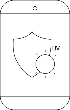 Bir kalkan ve güneş sembolü içeren UV koruma simgesine sahip akıllı telefon