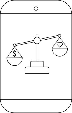 Bir tarafında bir dolar, diğer tarafında bir kalp, akıllı telefon hatlarında ise bir dolar işareti olan denge ölçeği.