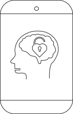 Kalp şeklinde kilitlenmemiş asma kilit içeren kafası ve beyin görüntüsü olan bir telefonun taslağı.