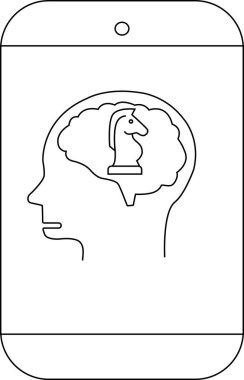 Çizgili telefon, insan kafası profili ve beyin şeklinde bir satranç şövalyesi gösteriyor.