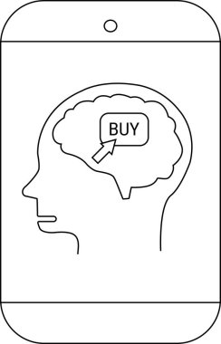 Siyah hatlı telefon, içinde bir satın alma düğmesi bulunan bir beyin profili gösterir