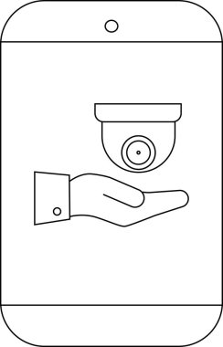 Çizgi, tablet, güvenlik kamerası tutan bir el.
