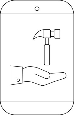 Akıllı telefon içerisindeki çekiç basit siyah beyaz çizim