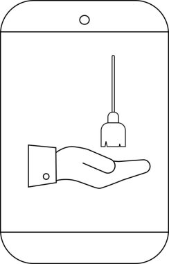 Bir kolye ya da akıllı telefon ekranında fırça alan bir eli resmeden bir çizim