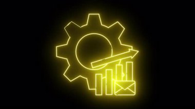 Sarı neon dişli taslak yukarı ok grafik zarfı siyah arkaplan üzerinde