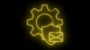 Siyah arkaplana karşı bir vites kalkanı ve zarfın neon çizgisi