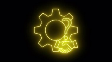 Siyah arkaplanda sarı ana hat dişli soru işareti el sıkışması