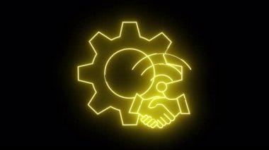 Siyah arkaplana karşı vites tokalaşmasının sarı neon çizgisi ve dairesel radar simgesi