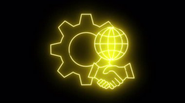 Siyah üzerine sarı neon tasarım dişli dünya tokalaşması