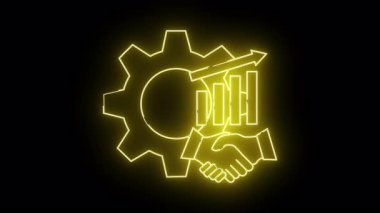 Siyah bir arkaplan üzerinde dişli grafik oku ve el sıkışma ile parlayan sarı neon simgesi