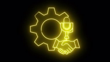 Resim siyah bir arkaplanda neon sarısı bir mikrofon ve el sıkışma anahatlarını gösterir