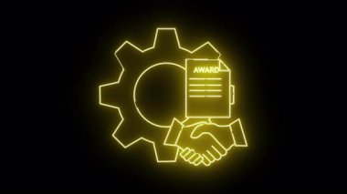 Neon sarısı taslak dişli ödülü belgesi ve siyah bir arkaplan karşısında el sıkışma sembolü