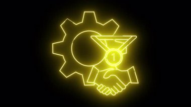 Çarklı bir el sıkışma ve madalyanın neon görüntüsü. Üzerinde 1 harfi olan siyah bir arkaplan.