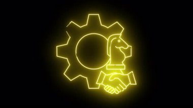 Parlak sarı neon grafikli satranç taşı ve siyah bir arkaplanda el sıkışma.