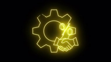 Siyah arka planda vites yüzdesi işaretinin sarı neon çizgisi ve el sıkışması