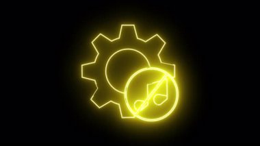 Dişli parlak sarı neon simgesi ve siyah arkaplanda köşegen çizgisi olan bir nota.