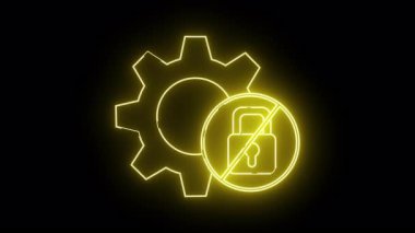 Bir kilidin etrafında daire çizen bir dişli ve hem sarı hem de parlak bir siyah arka plan.