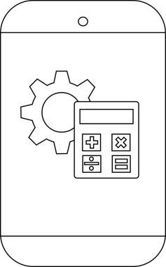 Telefon, hesap makinesi dişli simgelerini beyaz üzerinde minimalist hatları gösterir