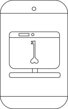 Satır sanatı ekranında kalp şeklinde bir anahtar simgesi olan bir masaüstü bilgisayarını gösteren bir akıllı telefonu gösterir