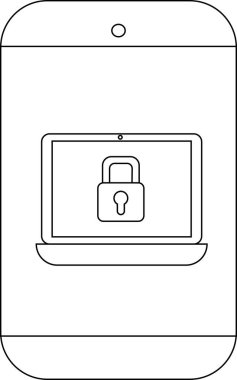Bir dizüstü bilgisayar simgesini asma kilit sembolüyle gösteren bir akıllı telefonun satır çizimi