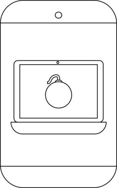 Cep telefonu ekranında bomba simgesi olan bir dizüstü bilgisayar gösteriyor.