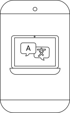 İngilizce çeviri baloncukları olan bir dizüstü bilgisayarın taslağı