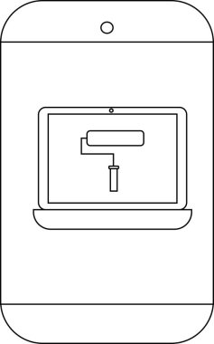 Bir çizim ekranda cep telefonunun içinde boya silindirli bir dizüstü bilgisayar gösteriyor.
