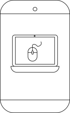 Bir akıllı telefon ekranında fare olan bir dizüstü bilgisayarı gösterir. Hepsi beyaz arka planda siyah çizilmiş.