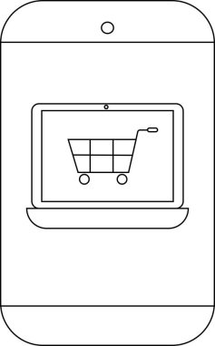 Bir akıllı telefon siyah beyaz resimde bir alışveriş arabası simgesi ile bir dizüstü bilgisayar ekranı gösterir