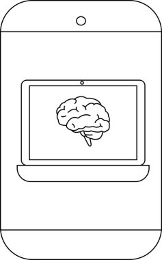 Ekranda insan beyni olan bir dizüstünü gösteren basit bir telefon çizimi.