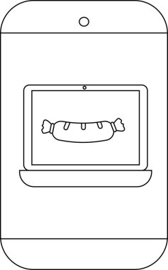 Bir dizüstü bilgisayar ekranında bir telefonun içine yerleştirilmiş sosisi gösterir.