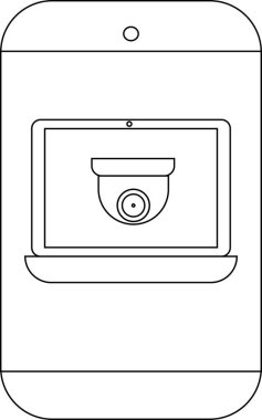 Akıllı telefon hatlarında güvenlik kamerası simgesini gösteren bir dizüstü bilgisayar gösterilir