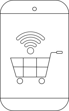 Üzerinde internet alışverişini gösteren bir Wi-Fi sembolü olan bir alışveriş arabası gösteren cep telefonu.