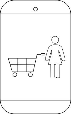 Simge, akıllı telefonların içinde alışveriş arabası olan bir kadını tasvir ediyor.