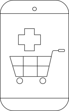 Ekranında tıbbi haç sembolü ve alışveriş arabası olan akıllı bir telefonun taslağı.