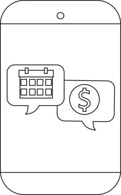 Cep telefonu sohbet baloncukları gösterir. Bir takvim ve dolar işareti siyah ve beyaz olarak özetlenmiş zaman ve parayı temsil eder.