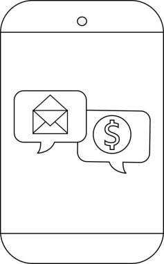 Siyah ve beyaz resim, e-posta ve dolar sembollü bir akıllı telefon gösterir