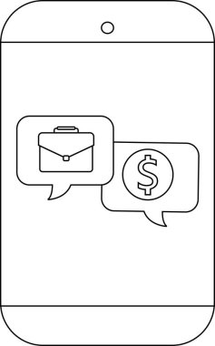 Akıllı telefon iki konuşma baloncuğu gösterir. Biri evrak çantasıyla, diğeri dolar işareti ile.