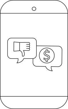 Bir telefon, içinde bir dolar işareti ve bir baş parmak aşağı konuşma baloncukları görüntüler