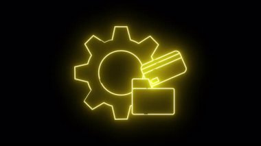 Sarı neon çizgisi siyah bir arkaplana karşı bir vites dizini ve kredi kartı tasvir eder