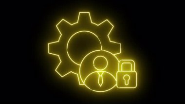 Kravat takıp siyah arkaplana kilitlenen bir dişlinin sarı neonstyle simgeleri