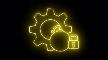 Sarı neon çizgiler siyah arka planda bir vites, bir bomba ve bir asma kilit gösteriyor.