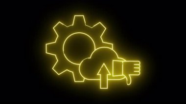 Neon sarı vites bulutu yukarı ok siyah arkaplan üzerinde baş parmak