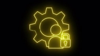 Neon dişli insan ve kilit simgesi sarı parlar