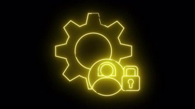 Parlak sarı dış hat simgeleri dişli kişi ve siyah arkaplana karşı asma kilit