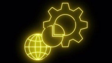 Parlak neon renkli ikonlar, dünya turta grafiği ve dişliler.