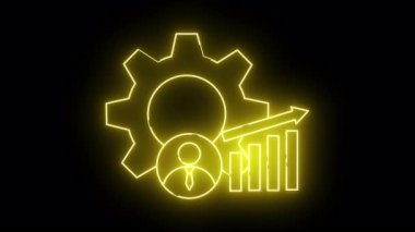 Sarı neon ikon dişli kişi yükselen çubuk grafiği siyah üzerine özetlenmiştir organizasyon yönetim ilerleme büyümesini temsil eder