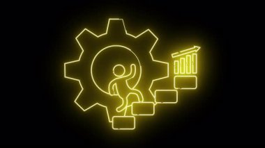 Neon sarı grafik yukarı ok ile bir çubuk grafiğine tırmanan bir dişli figürü betimler