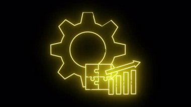 Parlayan sarı bir illüstrasyon, bir vites bulmacasını, yükselen bir çubuk grafiğini ve siyah bir arkaplana karşı neon ile özetlenmiş bir oku gösterir.